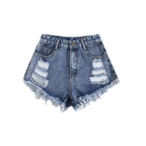 Pantaloncini da <span class=keywords><strong>donna</strong></span> in Denim strappati su misura blu <span class=keywords><strong>Jeans</strong></span> dritti larghi lavati con Logo orlo grezzo su pantaloni <span class=keywords><strong>corti</strong></span> in vita - Product Image 1