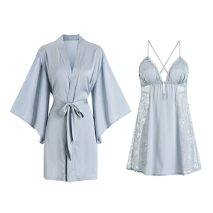 Novedades 2026: Conjunto de dos piezas de lencería sexy de satén con encaje, vestido halter de color liso y bata con lazo para el hogar, venta al por mayor. - Product Image 3