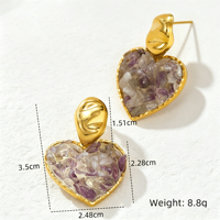 Bijoux personnalisés, pendentif en laiton texturé plaqué or 18 carats avec éclats de pierres naturelles, boucles d'oreilles pendantes en forme de cœur en améthyste concassée