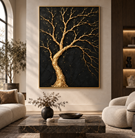 Dipinto su Tela 3D Fatto a Mano con Albero della Vita in Oro, Sfondo Nero, Arte Murale di Lusso per Decorazione Ingresso Hotel e Villa