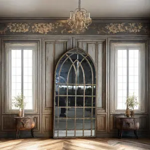 Gros Vintage <span class=keywords><strong>Shabby</strong></span> Chic <span class=keywords><strong>Grand</strong></span> Fer Bois Cadre Rustique Arche Fenêtre <span class=keywords><strong>Miroir</strong></span> Mural Décoratif pour La Décoration Intérieure - Product Image 1