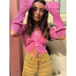 Womens <strong>Short</strong> <strong>Sleeve</strong> Cropped Bolero Button Down <strong>Cardigan</strong> Sweater V-Necked Knitted <strong>Crop</strong> Top - Product Image 1
