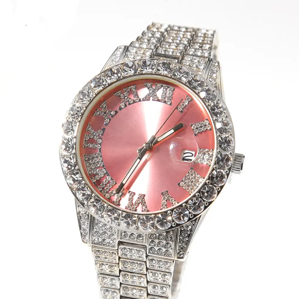 2021 Iced Out Baby Pink Women Watches Bling Watch with Purple Dial Bling Bling Hip Hop Watches