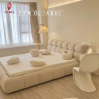Lit double minimaliste couleur crème 1,5m/1,8m pour chambre principale ou petit appartement, lit rembourré en tissu en forme de nuage