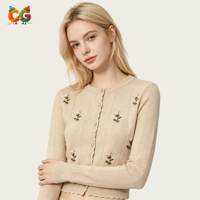 Cardigan en tricot jacquard floral rose court pour femme CG Custom, bord festonné, manches longues, boutonné, idéal printemps-automne