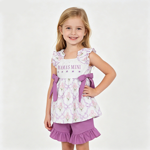 In Stock Toddler Girls "MAMA'S MINI" Purple Tulip Print Ruffle Top & Ruffle Shorts Set Mother's Day Gift - Product Image 1