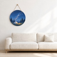 Tableau rond en bois de 8 pouces, scène de camping étoilée, art mural en bois massif, décoration intérieure ciel nocturne