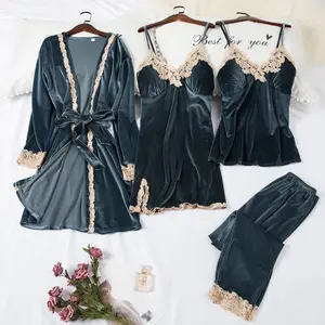 Robe de nuit large en velours, ensemble quatre pièces, vêtements d'intérieur, de nuit Sexy, vente en gros,