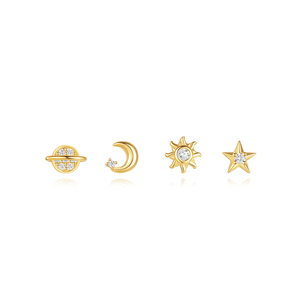 Nouvelles boucles d'oreilles clous en argent S925 plaqué or, motif étoile et lune, zircon, pour usage quotidien, lot de 4, très vendues - Product Image 1