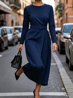 Robe de travail pour femme à col rond et manches longues, taille torsadée, noir pur, 100 % polyester, avec fente latérale