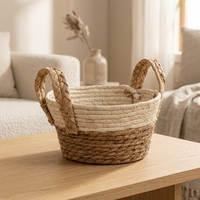 Panier de rangement en corde naturelle beige avec fond noir et poignées, panier tressé à la main, panier gigogne en jonc de mer pour pain et cadeaux