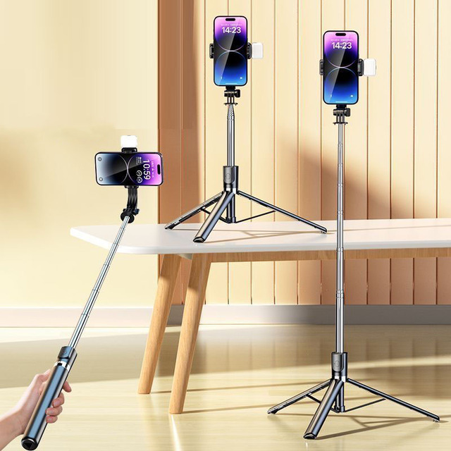 170cm Cellphone Tripod Stand with 10m Remote Telescopic Extendable Adjustable Selfie Stick with Light