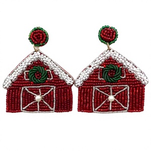 Handmade Embroidered Red Barn Shape Glass Beads Earrings with Green <b>Rose</b> <b>Top</b> Halloween New Year Holiday Jewelry Craft Gift - Product Image 1