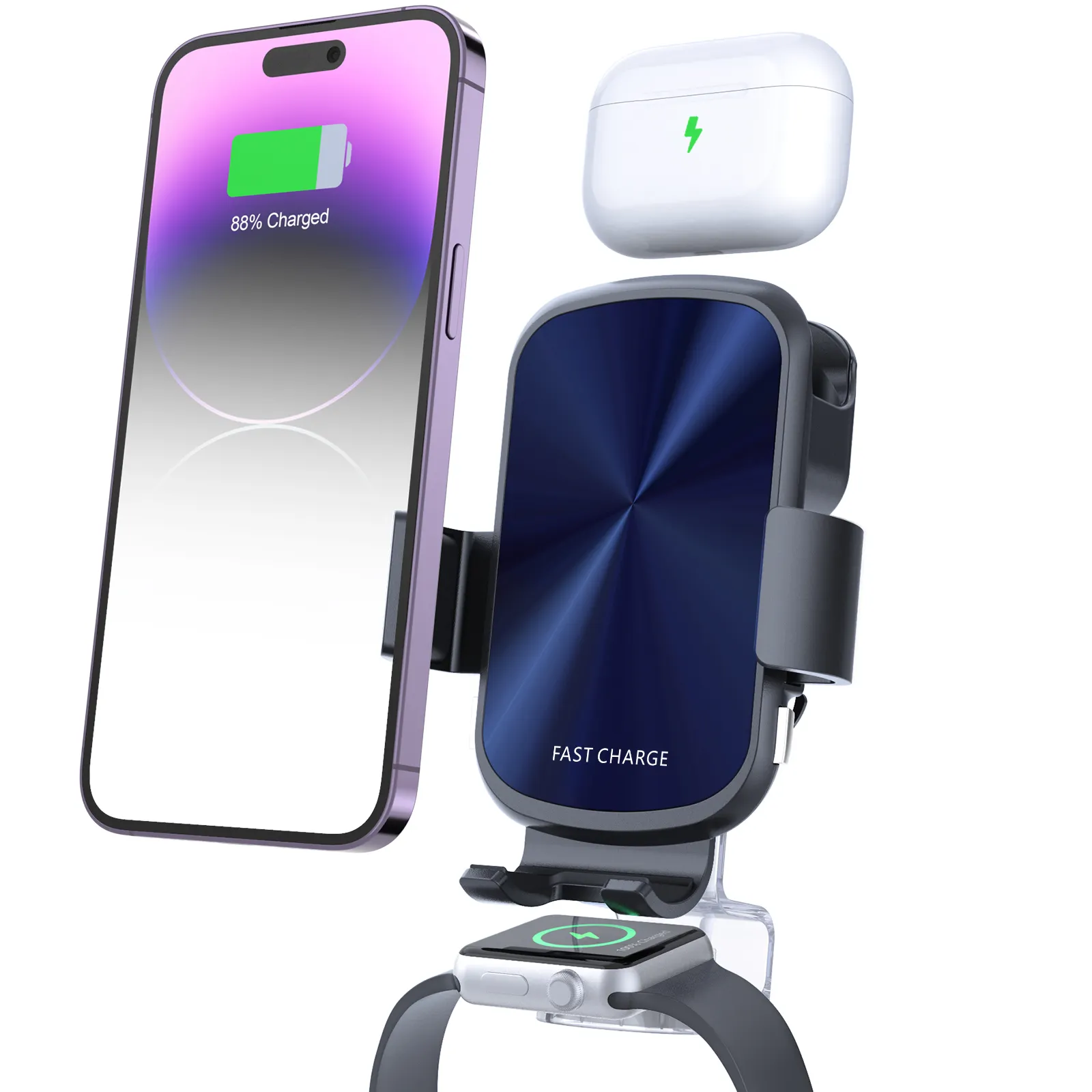 Qi KC Certificated 3 in 1 S5 Auto-Clamping Wireless Charger Mount for iPhone Samsung AirPods Apple Watch Wireless Car Charger