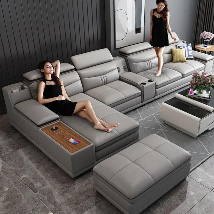 FOshan Furniture Factory Living Room Sofas Set with music playing USB home function modern leather sectional sofa