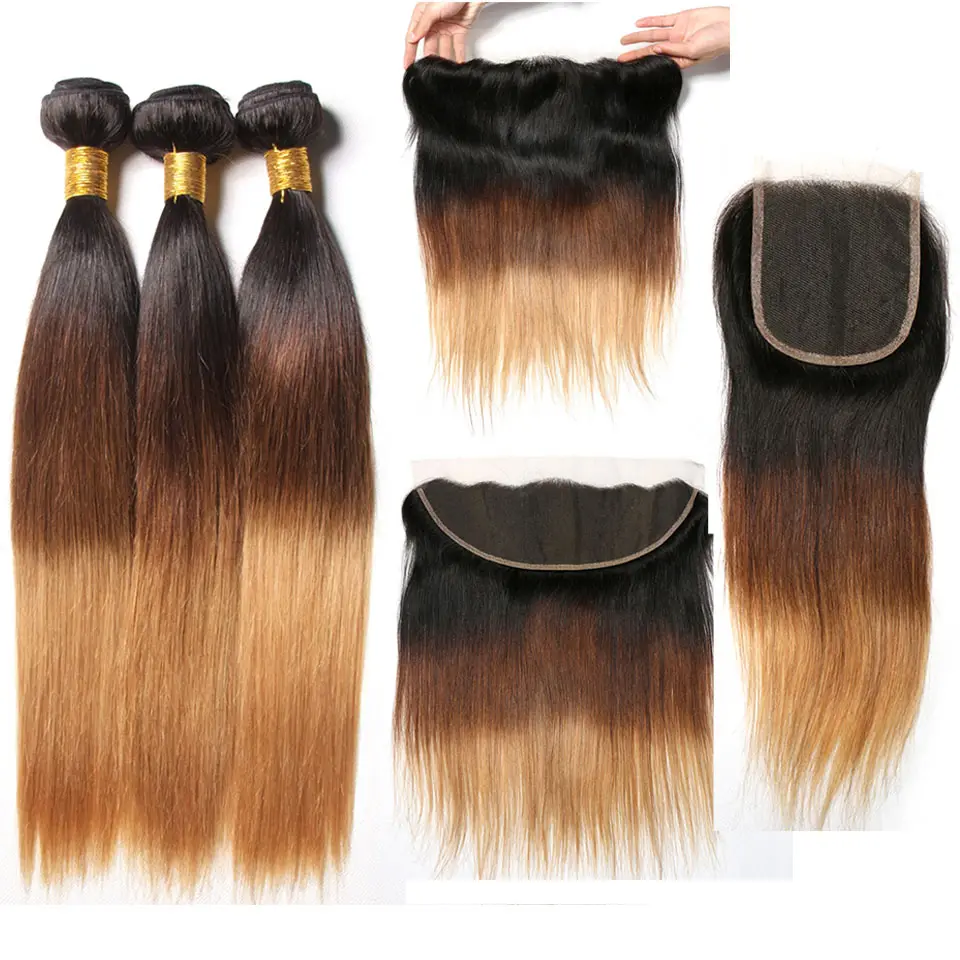 Grosir 3 Tone Ombre 1B 4/27/30 Remy Bundel Rambut Gelombang Tubuh Lurus Brasil dengan Penutup dan Wig Manusia Depan