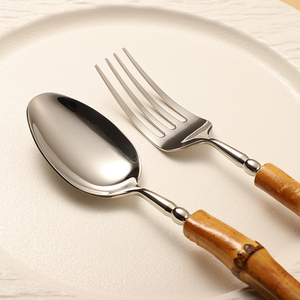 Bán buôn Nhà Gương đánh bóng 304 Bạc thìa dĩa và dao tre ban đầu bạc thiết lập dao kéo thép không gỉ - Product Image 5