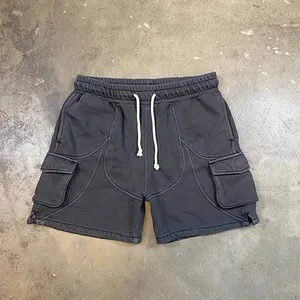 Bán buôn tùy chỉnh Jogger mồ hôi ngắn dây rút đa túi màu đen bông axit rửa quần short vận chuyển hàng hóa cho nam giới