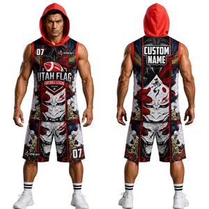 Ensemble uniforme de football américain personnalisé à capuche avec logo imprimé sur le devant, séchage rapide, en polyester, maillot et short - Product Image 1