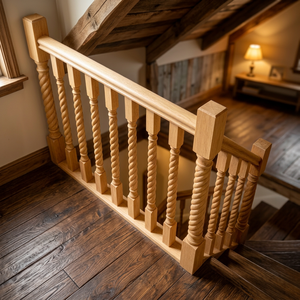 Rustic Solid <b>Wood</b> Staircase Railing Kit Square Newel Post Spiral Balusters <b>Handrail</b> Durable - Product Image 1