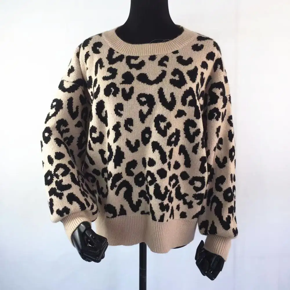 Stylish Design Women pullover woollen thick Knit Sweaters With Leopard Print