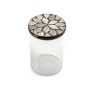 Marvelous Design Glass Jar With Wooden And Mother Of Pearl Work Lid Superior Quality <b>Chocolate</b> Storage Jar - Product Image 1