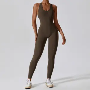 Custom Square Casual Neck Backless Long Pants Athletic 1 Piece Yoga Wear Hip Lift Tummy Tuck Seamless Skim S Bodysuit Jumpsuit