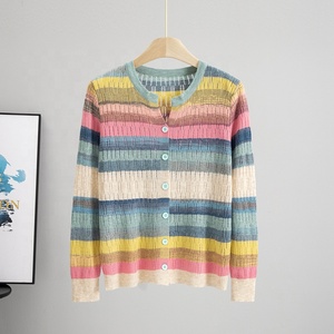 Cárdigan de punto colorido - Estilo europeo, camisa de aire acondicionado para primavera y verano, top a rayas calado - Product Image 2