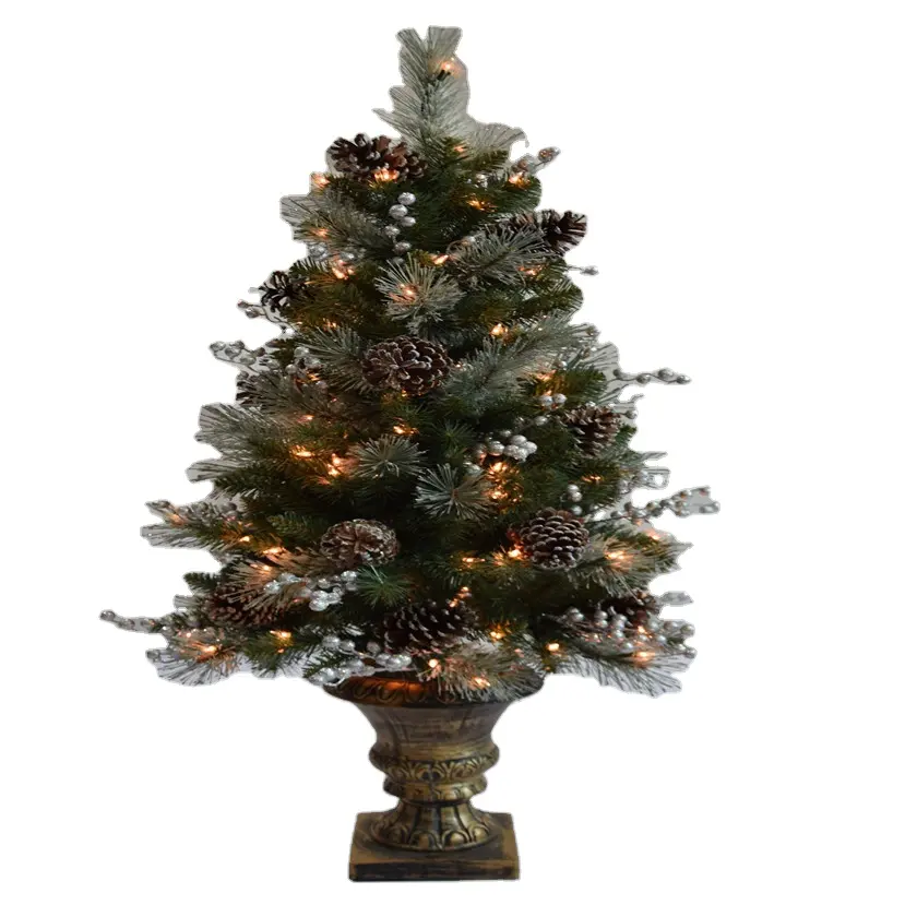 Pre-Lit pot tree for christmas with 23 berries and 23 pinecones 100 Warm White Battery Box lights entrance tree