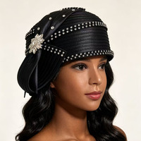Topi Gereja Satin Lipit Merah dengan Bros Bunga Kristal Rhinestone, Elegan untuk Wanita, Pesta Pernikahan Formal, Topi Cloche