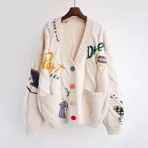 Designer Frauen Chunky Sweater Cardigan Herbst Winter Drop Schulter knopf Front Stickerei Loose Knit Cardigan Sweater Coat