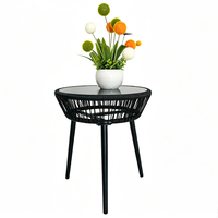 Table d'appoint ronde en corde tressée avec plateau en verre trempé noir, table d'extérieur pour patio, table de jardin, table de balcon, table basse avec pieds en acier