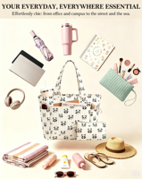 Sac fourre-tout matelassé en polyester pour femme, idéal pour enseignante, infirmière, ordinateur portable, voyage, avec fermeture éclair, imperméable, pour ordinateur 14 pouces, porte-gobelet, léger