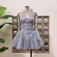 Robe Courte Femme Nouveau Style Col Halter Broderie Perles Dentelle Maille Moelleuse