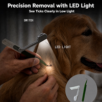 Kit portable de suppression des tiques en acier inoxydable avec LED, 3 pièces, comprenant des pinces courbées à 45 degrés et un outil en Y pour l'élimination des tiques en basse lumière chez les animaux de compagnie