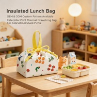Tas Makan Siang Anak Berinsulasi Motif Ulat Lucu dengan Cetakan Buah, Tas Termal untuk Bekal Sekolah, Piknik, dan Tempat Penitipan Anak