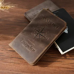 Custom Logo Compass Pattern RFID Blocking Leather Passport Wallet With Pen Slot Zip Bag Genuine Leather Travel Passport Holder