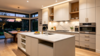 Lemari Dapur Kayu Maple Mewah XINGRUO Gaya Shaker Kustom dengan Pulau Dapur Marmer Besar untuk Interior Mansion