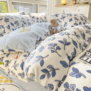 Pretty Colorful Coral Fleece Milk Velvet Thickened <strong>Small</strong> Fresh Four-piece <strong>Double</strong>-sided Warm <strong>Fitted</strong> Flat <strong>Bed</strong> <strong>Sheet</strong> Bedding Set - Product Image 1