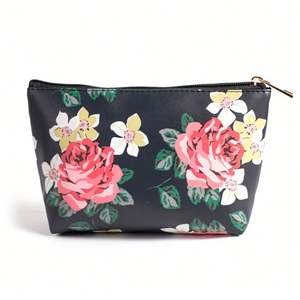 Bolsa de Maquillaje Vintage Negra de PU con Estampado Floral Digital, Diseño en Blanco, Cierre de Cremallera, Accesorios de Viaje en Varios Tamaños - Product Image 4