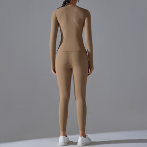 Yiyi ชุดออกกำลังกายสำหรับผู้หญิง2ชิ้นคอกลมแขนยาวเสื้อครอปเอวสูงเลกกิ้งยกก้นกระเป๋าชุดฟิตเนสยิมฟิตเนส - Product Image 6