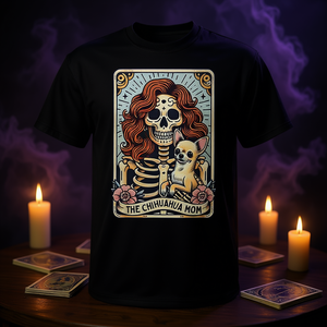 Camiseta con diseño de esqueleto de Chihuahua Mom Tarot Card, estilo mágico para amantes de los perros - Product Image 3