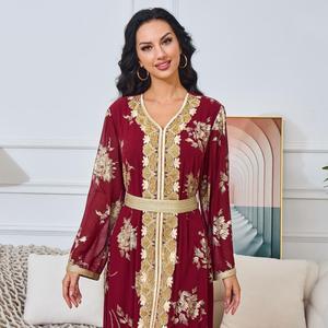 Nueva Djellaba Musulmana de Verano para <span class=keywords><strong>Mujer</strong></span>, Abaya Bordada con Cuentas Doradas y Mangas Largas - Product Image 6