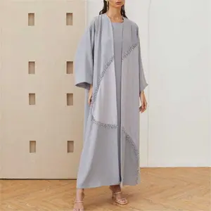 Islamic Clothing abaya supplier handmade EID luxury grey Beads rhinestone embroidered High Quality kaftans abaya