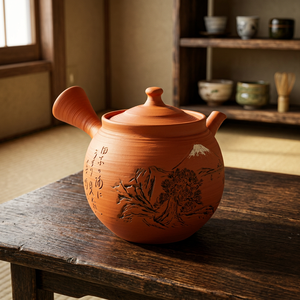 Tokoname Yaki Kyusu Classic Tea <b>Pot</b> Red Clay Fuji Waka Engraving 250ml <b>Ceramic</b> Tea Strainer Japanese Pottery Handcrafted Artists - Product Image 3