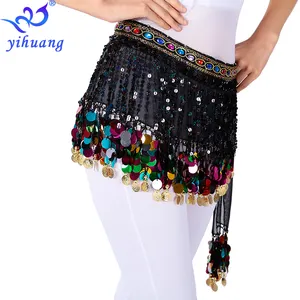 Women Hot Sale Halloween Costumes Sexy Sequined Tassel Belly dance Hip Scarf Festival Wrap Mini Skirt with Sequins Coin