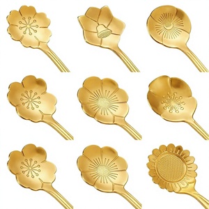 Cuillère à café en acier inoxydable argenté, écologique, compatible lave-vaisselle, motif floral doré, polyvalente pour desserts et thé, ustensile de table - Product Image 2