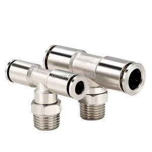 Té pneumatique en forme de T en laiton métallique <span class=keywords><strong>PB</strong></span> Joint à filetage moyen Raccords de tuyau d'air rapide plaqués nickel à une touche Connecteur de tube enfichable - Product Image 5