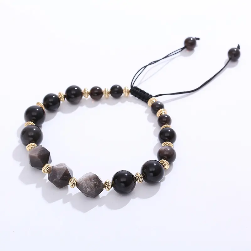 Conception personnalisée de perles graduelles en obsidienne argentée en pierre naturelle Entretoises plaquées or 14 K Cordon noir Chaîne Bracelet réglable