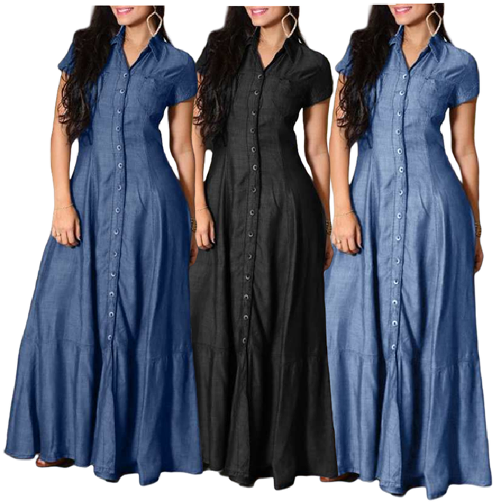 Y7026 Latest Design Plus Size Denim Dresses Shirt Collar Aline Short